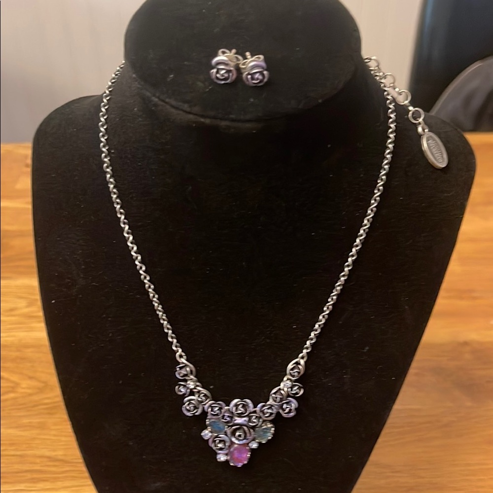 Elegant Purple and Silver Rose Necklace and Rose Earring Set